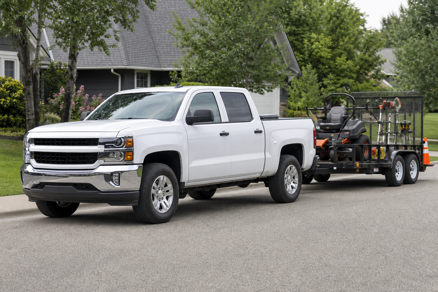 Landscaping crew truck and equipment trailer parked at a residential job site