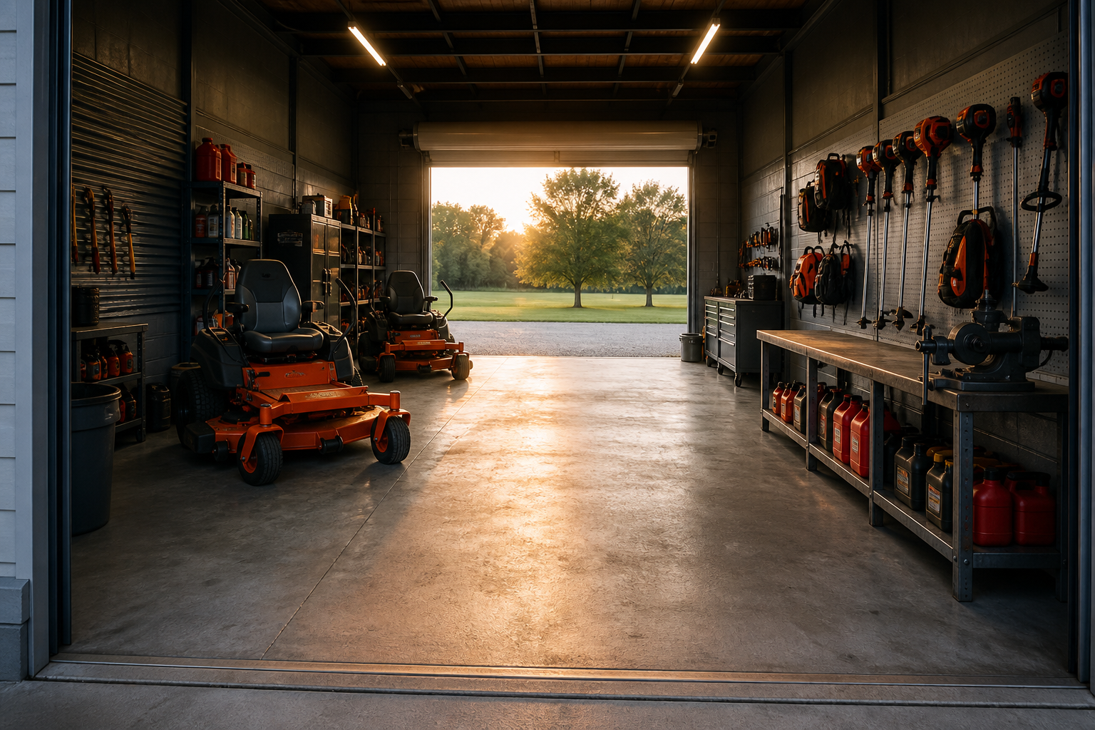 Commercial mowers, trimmers and blowers lined up and ready in a landscaping equipment shop