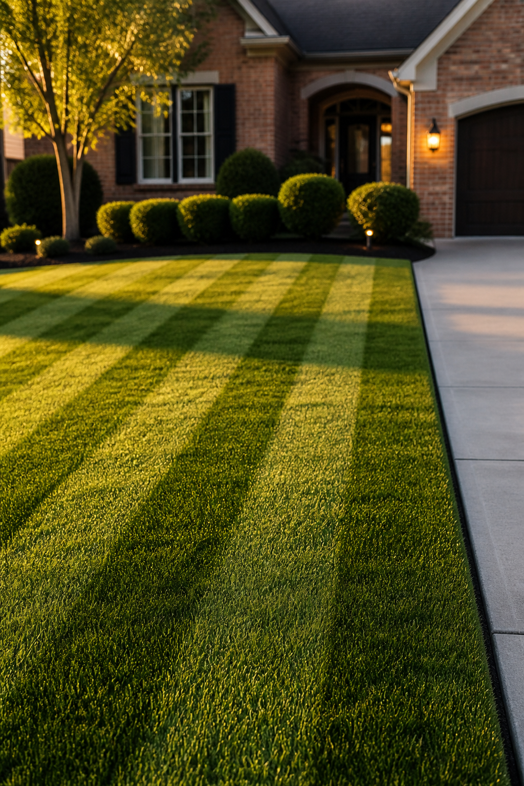Freshly mown residential lawn with crisp mowing stripes in Independence, Missouri